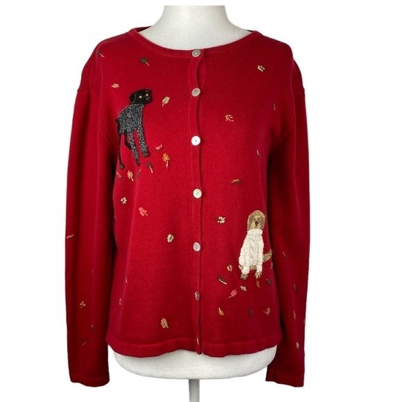 Talbots Sweaters - Talbots Vintage Dog embroidered Womens Small Red Button Up Cardigan Sweater